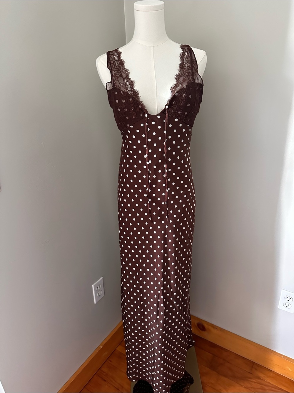 Y2K Brown Polka Dot Lace-Trim Maxi Dress
